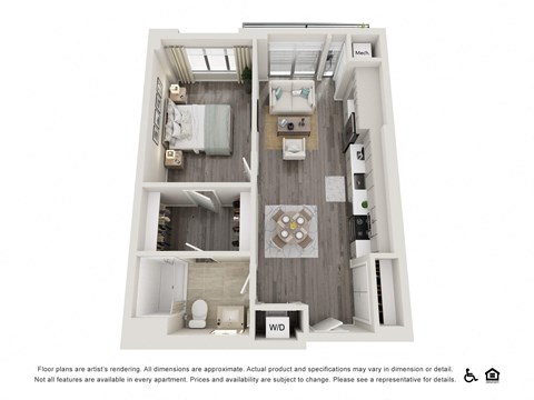 Floor plan for 1 bed, 1 bath, 677 sqft